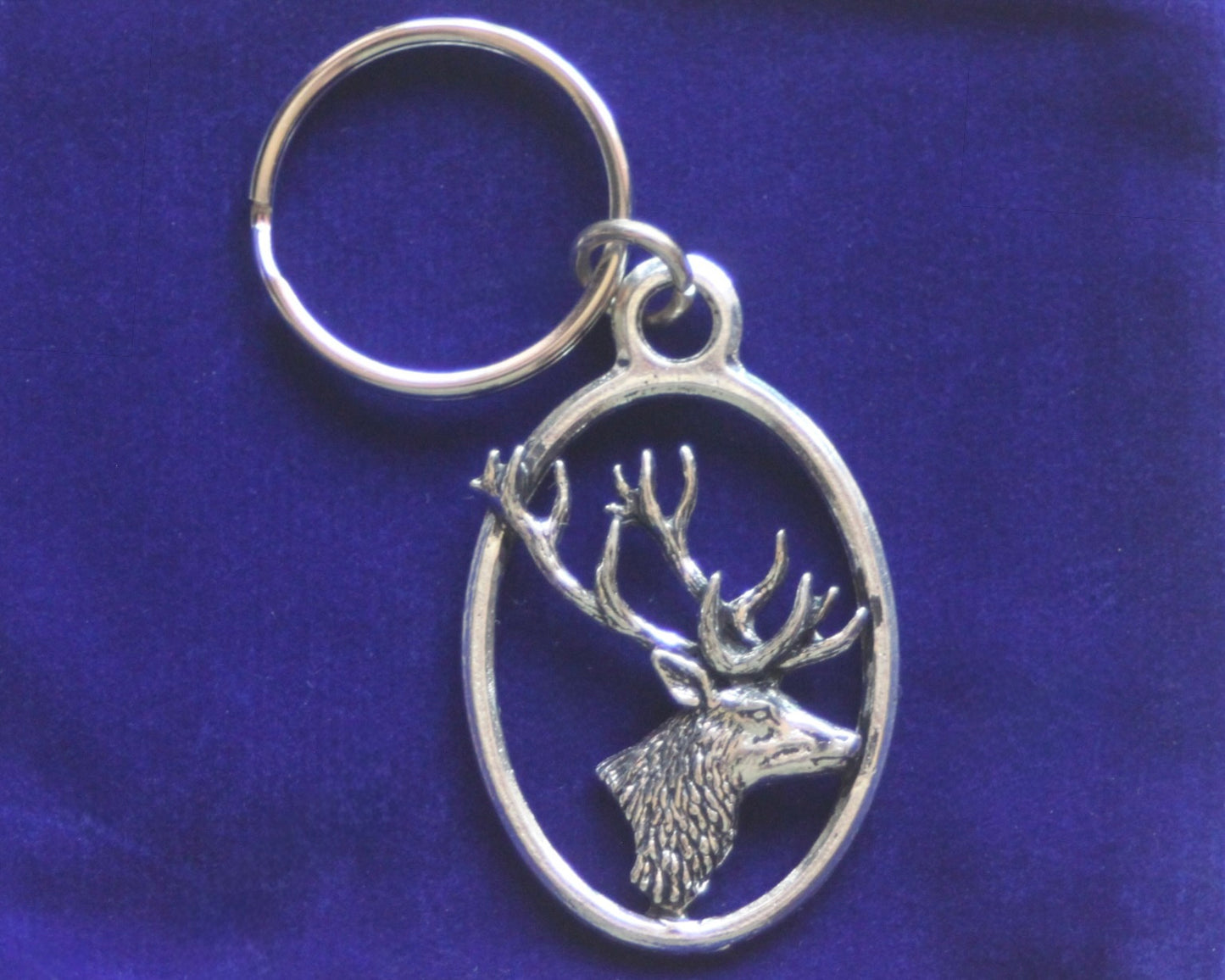 Stag Head Keyring with Gift Pouch, Pewter, silver metal