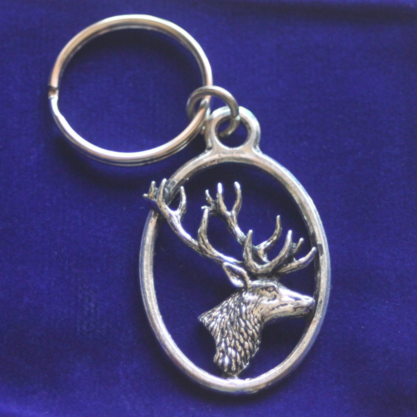 Stag Head Keyring with Gift Pouch, Pewter, silver metal