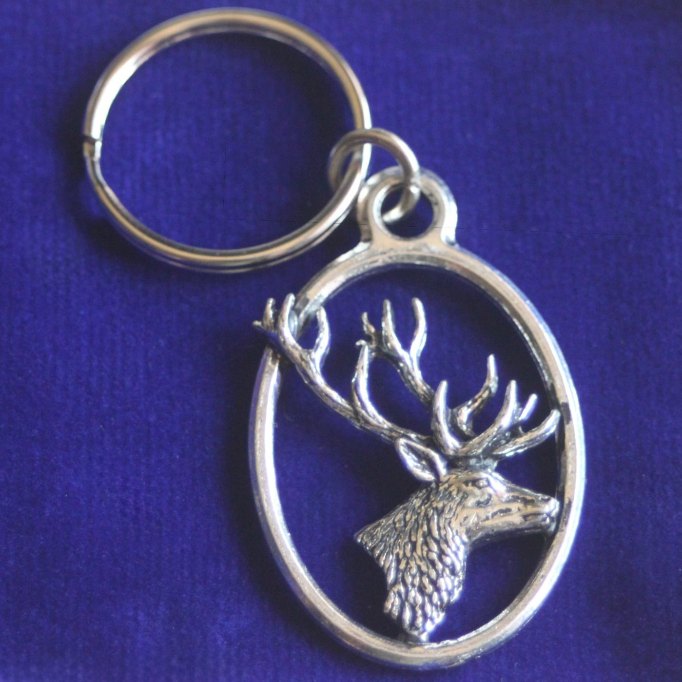 Stag Head Keyring with Gift Pouch, Pewter, silver metal