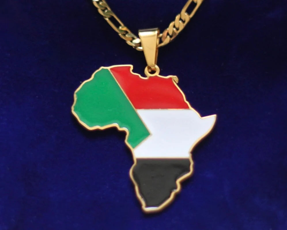 Sudan Flag Pendant Necklace with Gift Pouch, Africa Map Gold Stainless Steel