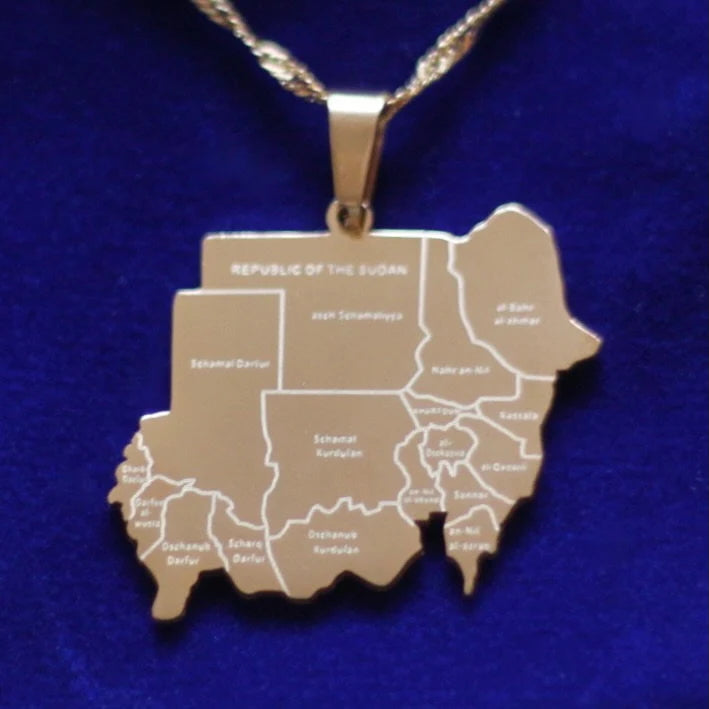 Sudan Map Pendant Necklace with Gift Pouch, Gold Stainless Steel