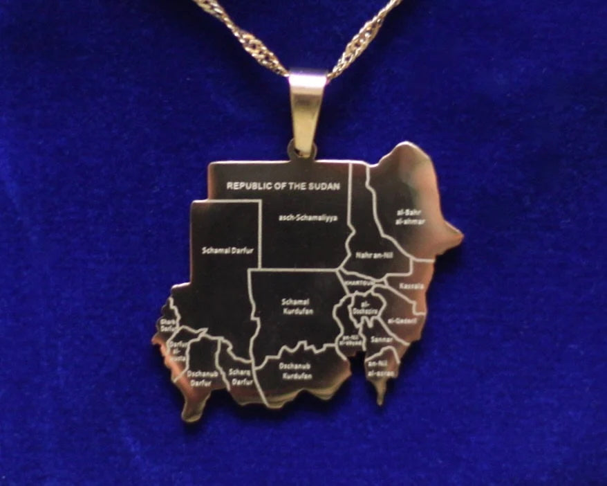 Sudan Map Pendant Necklace with Gift Pouch, Gold Stainless Steel