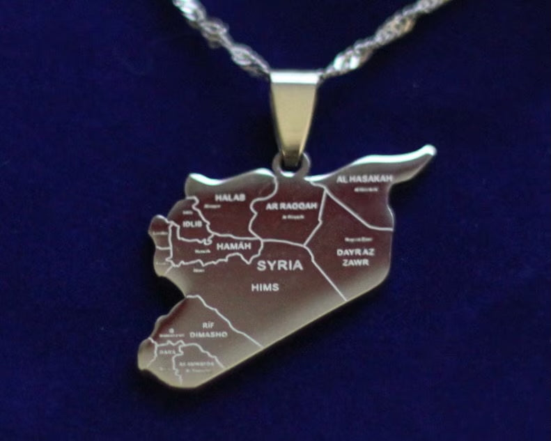 Syria Map Pendant Necklace with Gift Pouch, Silver Stainless Steel
