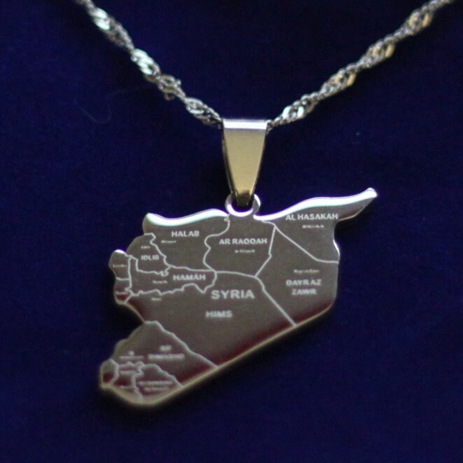 Syria Map Pendant Necklace with Gift Pouch, Silver Stainless Steel