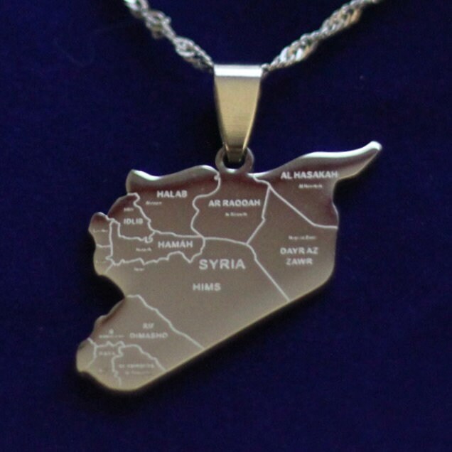 Syria Map Pendant Necklace with Gift Pouch, Silver Stainless Steel