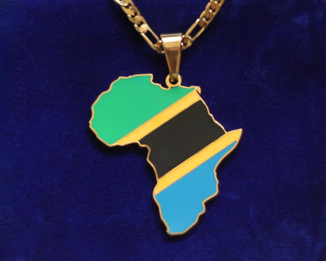 Tanzania Flag Pendant Necklace with Gift Pouch, Africa Map Gold Stainless Steel