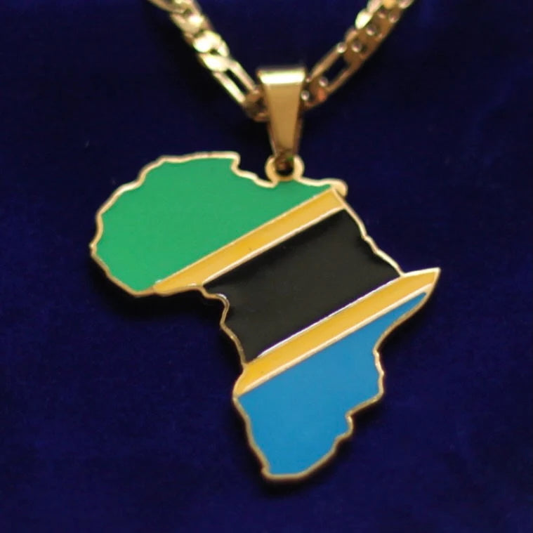 Tanzania Flag Pendant Necklace with Gift Pouch, Africa Map Gold Stainless Steel