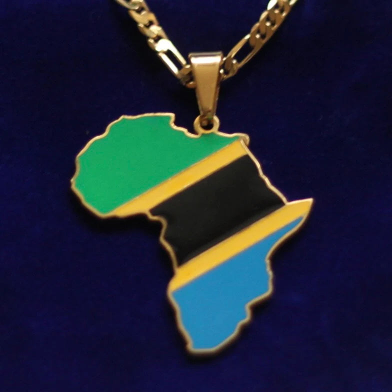 Tanzania Flag Pendant Necklace with Gift Pouch, Africa Map Gold Stainless Steel