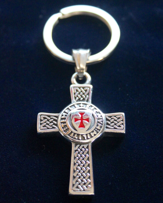 Knights Templar Cross Keyring with Gift Pouch, Solid Metal Keychain
