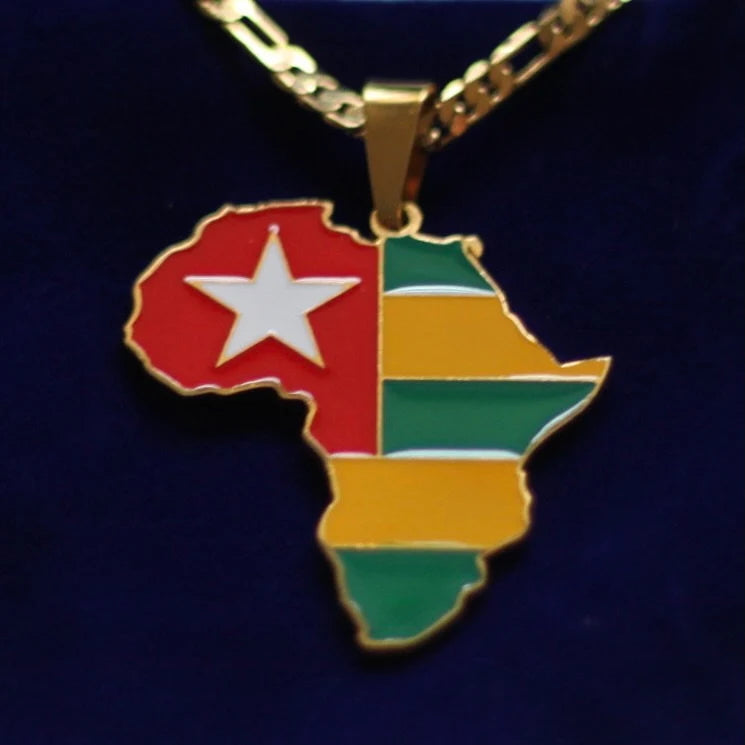 Togo Flag Pendant Necklace with Gift Pouch, Africa Map Gold Stainless Steel