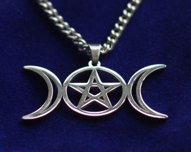 Triple Moon Pentagram Pendant Necklace with Gift Pouch, Silver Stainless Steel
