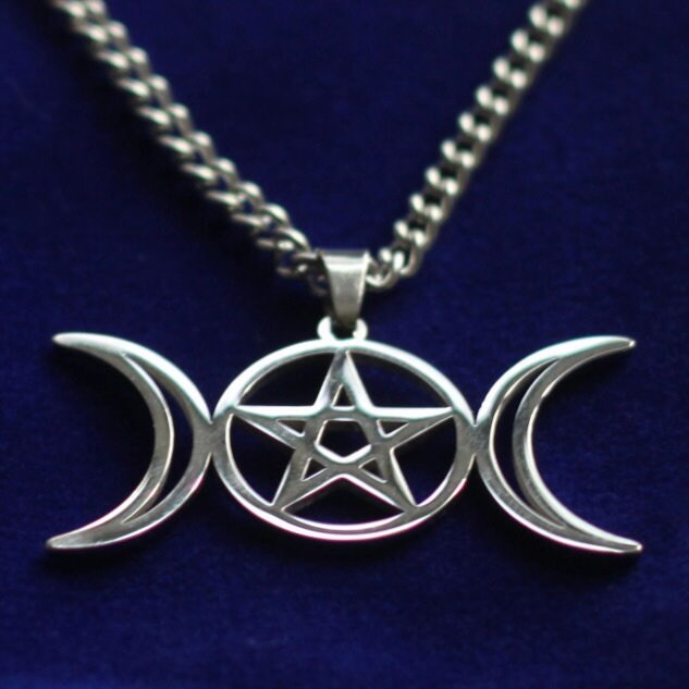 Triple Moon Pentagram Pendant Necklace with Gift Pouch, Silver Stainless Steel