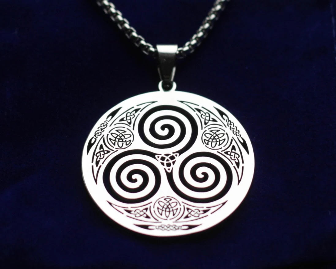 Triskele Pendant Necklace with Gift Pouch, Silver Stainless Steel