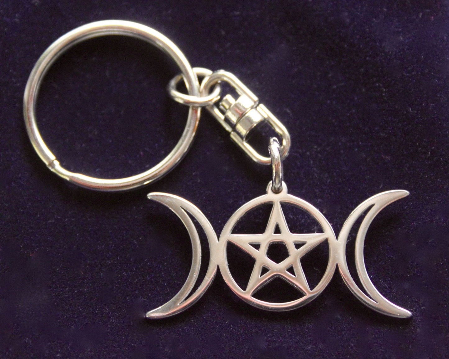 Triple Moon Pentagram Keyring with Gift Pouch, Silver Stainless Steel