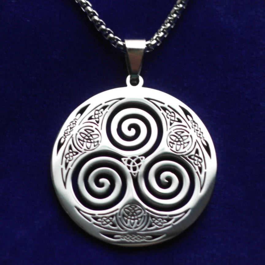 Triskele Pendant Necklace with Gift Pouch, Silver Stainless Steel