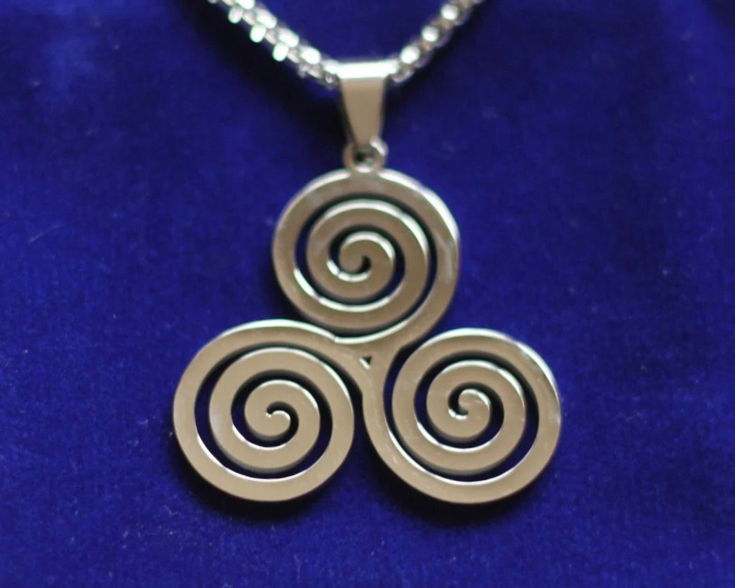 Triskele Pendant Chain Necklace with Gift Pouch, Silver Stainless Steel