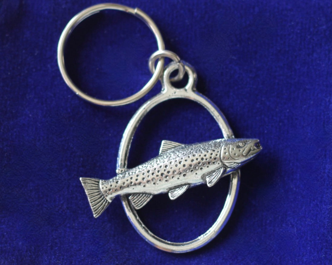 Brown Trout Fish Keyring with Gift Pouch, Pewter, silver metal