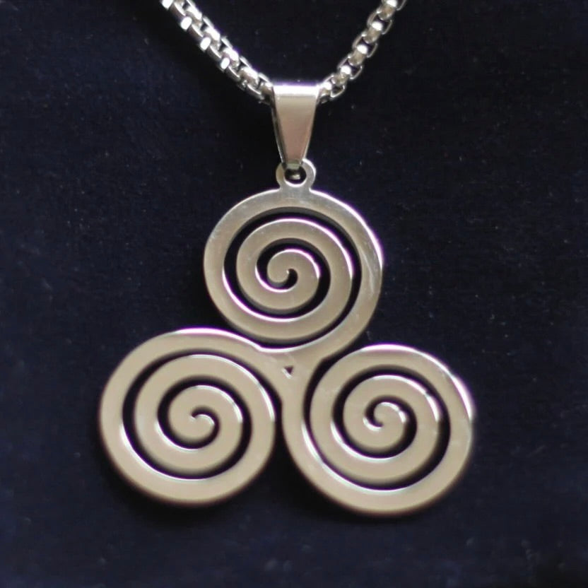 Triskele Pendant Chain Necklace with Gift Pouch, Silver Stainless Steel