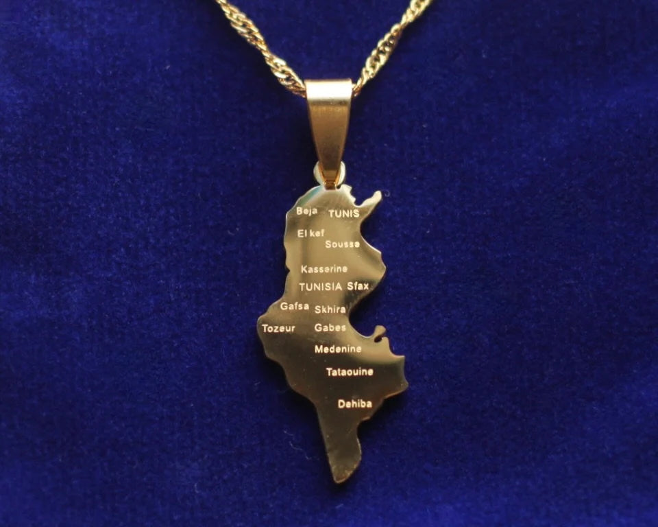 Tunisia Map Pendant Necklace with Gift Pouch, Gold Stainless Steel