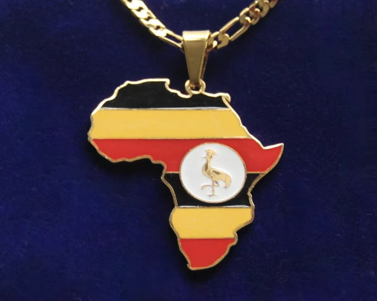 Uganda Flag Pendant Necklace with Gift Pouch, Africa Map Gold Stainless Steel