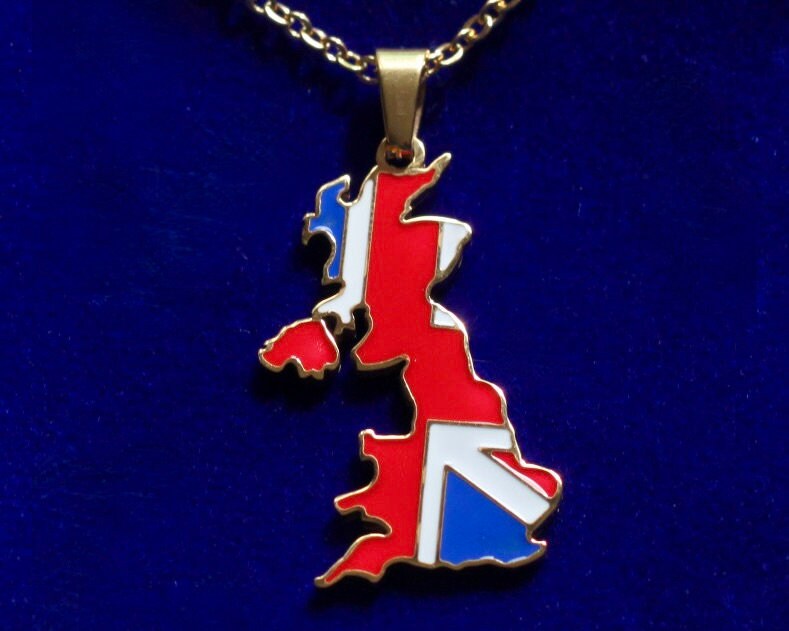 Union Jack UK Map Pendant Necklace with Gift Pouch, Gold Stainless Steel