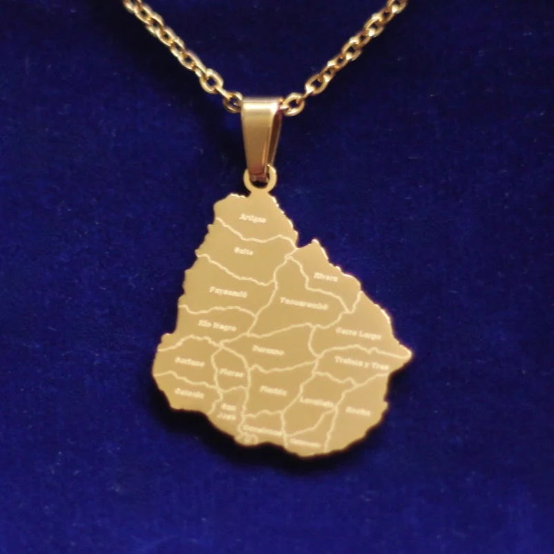 Uruguay Map Pendant Necklace with Gift Pouch, Gold Stainless Steel