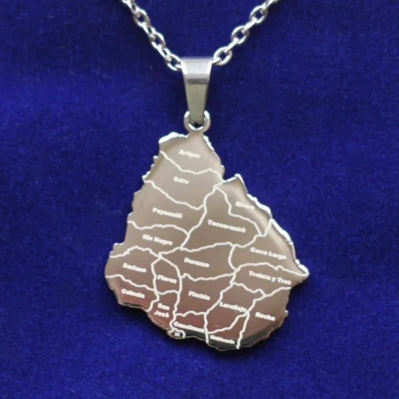 Uruguay Map Pendant Necklace with Gift Pouch, Silver Stainless Steel
