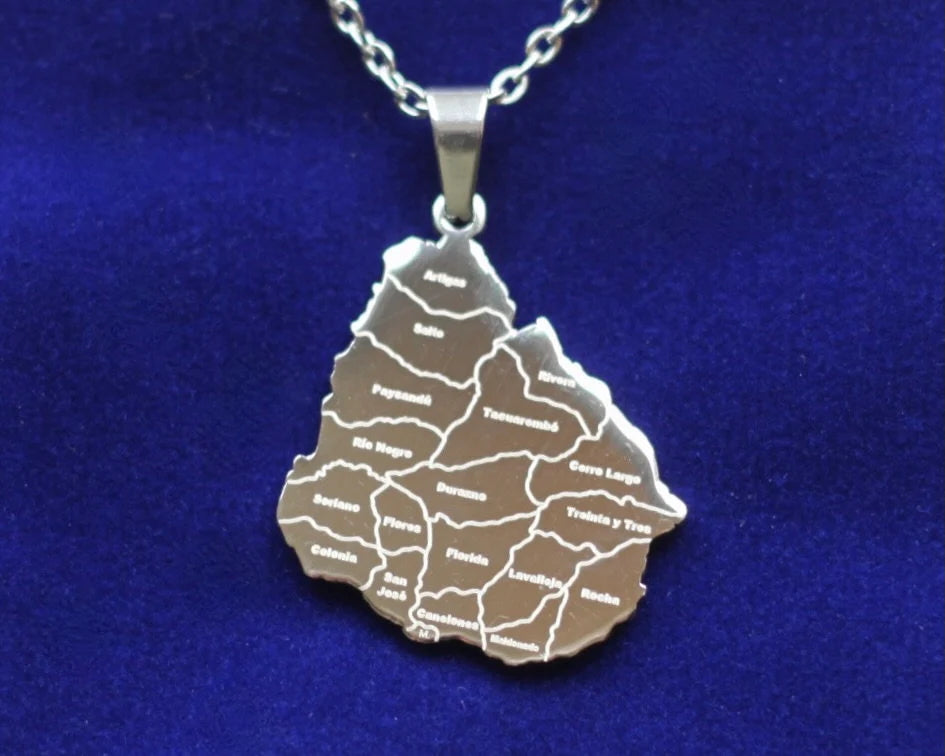 Uruguay Map Pendant Necklace with Gift Pouch, Silver Stainless Steel