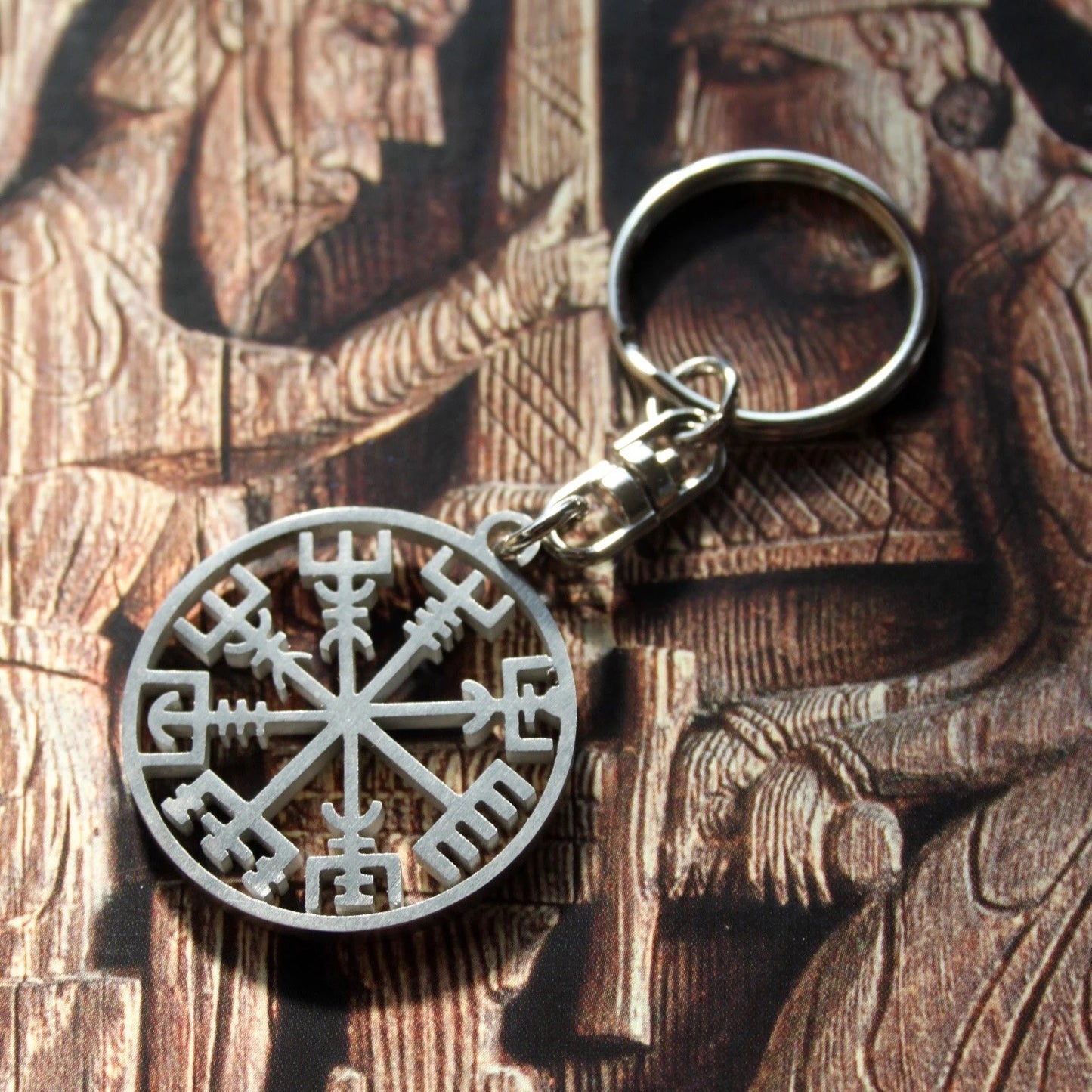 Viking Vegvisir Pendant Keyring, Norse Compass Viking St. Christopher Silver Stainless Steel Keychain