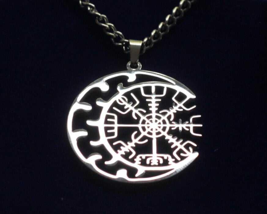 Vegvisir Moon Pendant Necklace with Gift Pouch, Silver Stainless Steel