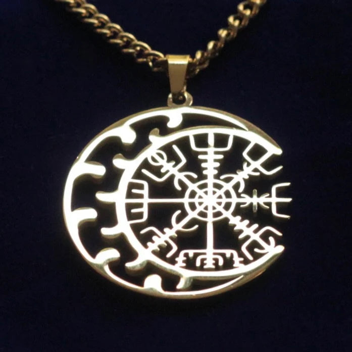 Vegvisir Moon Pendant Necklace with Gift Pouch, Gold Stainless Steel