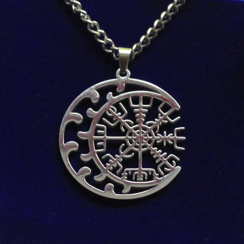 Vegvisir Moon Pendant Necklace with Gift Pouch, Silver Stainless Steel