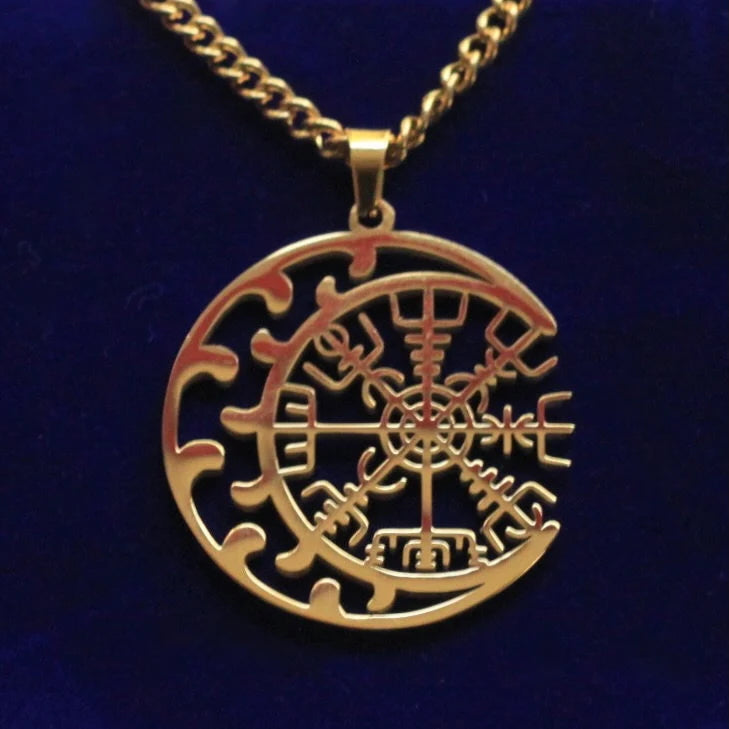 Vegvisir Moon Pendant Necklace with Gift Pouch, Gold Stainless Steel
