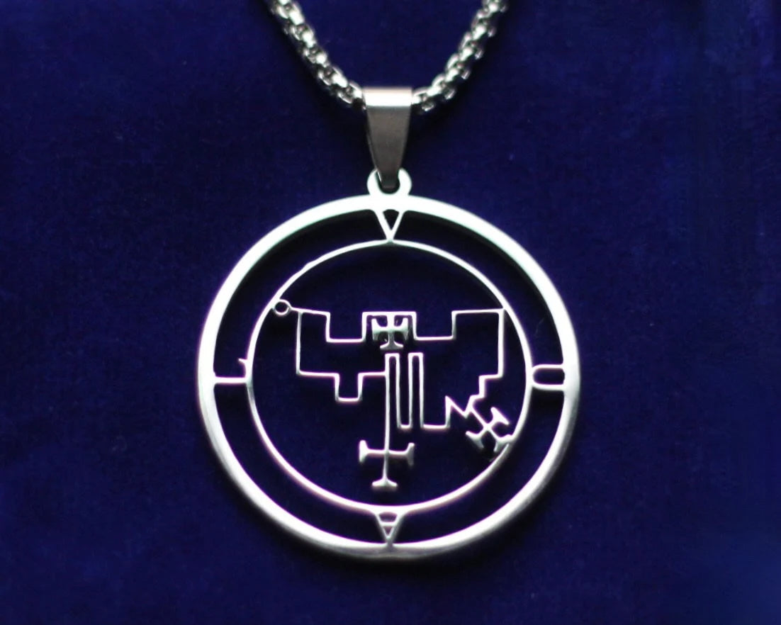 Vual Sigil Pendant Necklace, Silver Stainless Steel, Lesser Key of Solomon