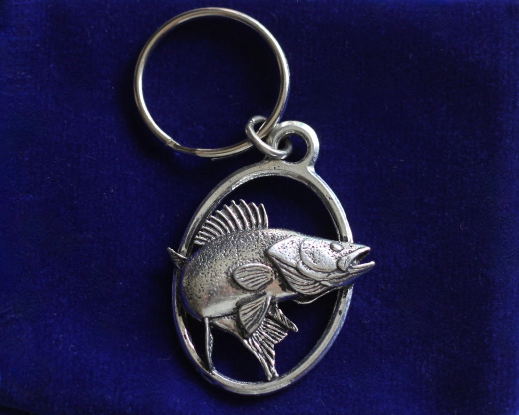 Walleye Fish Keyring with Gift Pouch, Pewter, silver metal