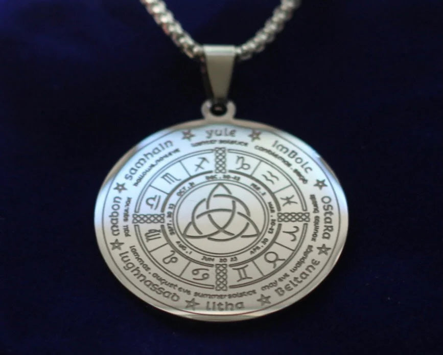 Pagan Calendar Pendant Necklace with Gift Pouch, Silver Stainless Steel