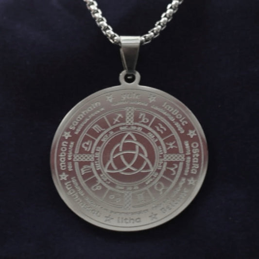 Pagan Calendar Pendant Necklace with Gift Pouch, Silver Stainless Steel