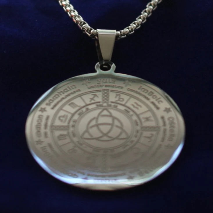 Pagan Calendar Pendant Necklace with Gift Pouch, Silver Stainless Steel