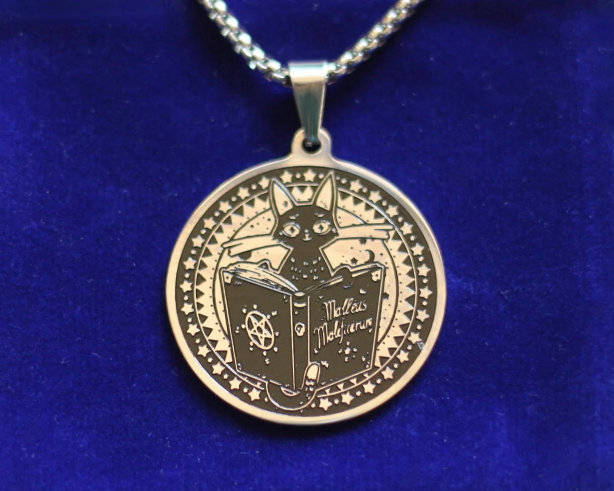 Black Cat Grimoire Pendant Necklace with Gift Pouch
