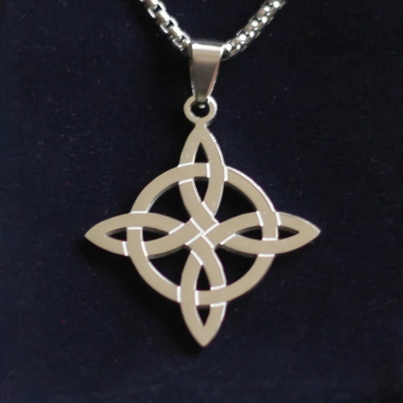 Witch Knot Pendant Necklace with Gift Pouch, Silver Stainless Steel