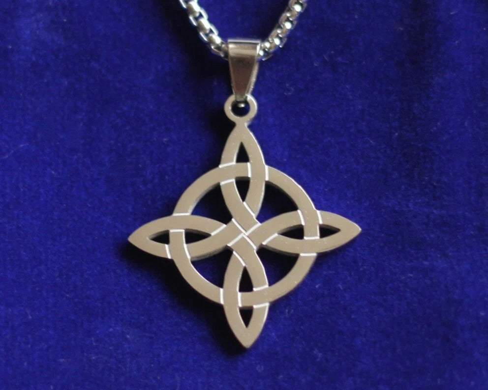 Witch Knot Pendant Necklace with Gift Pouch, Silver Stainless Steel