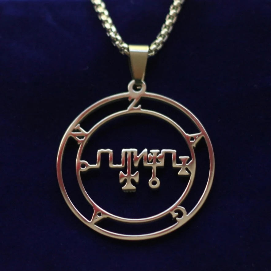 Zagan Sigil Pendant Necklace, Silver Stainless Steel, Lesser Key of Solomon