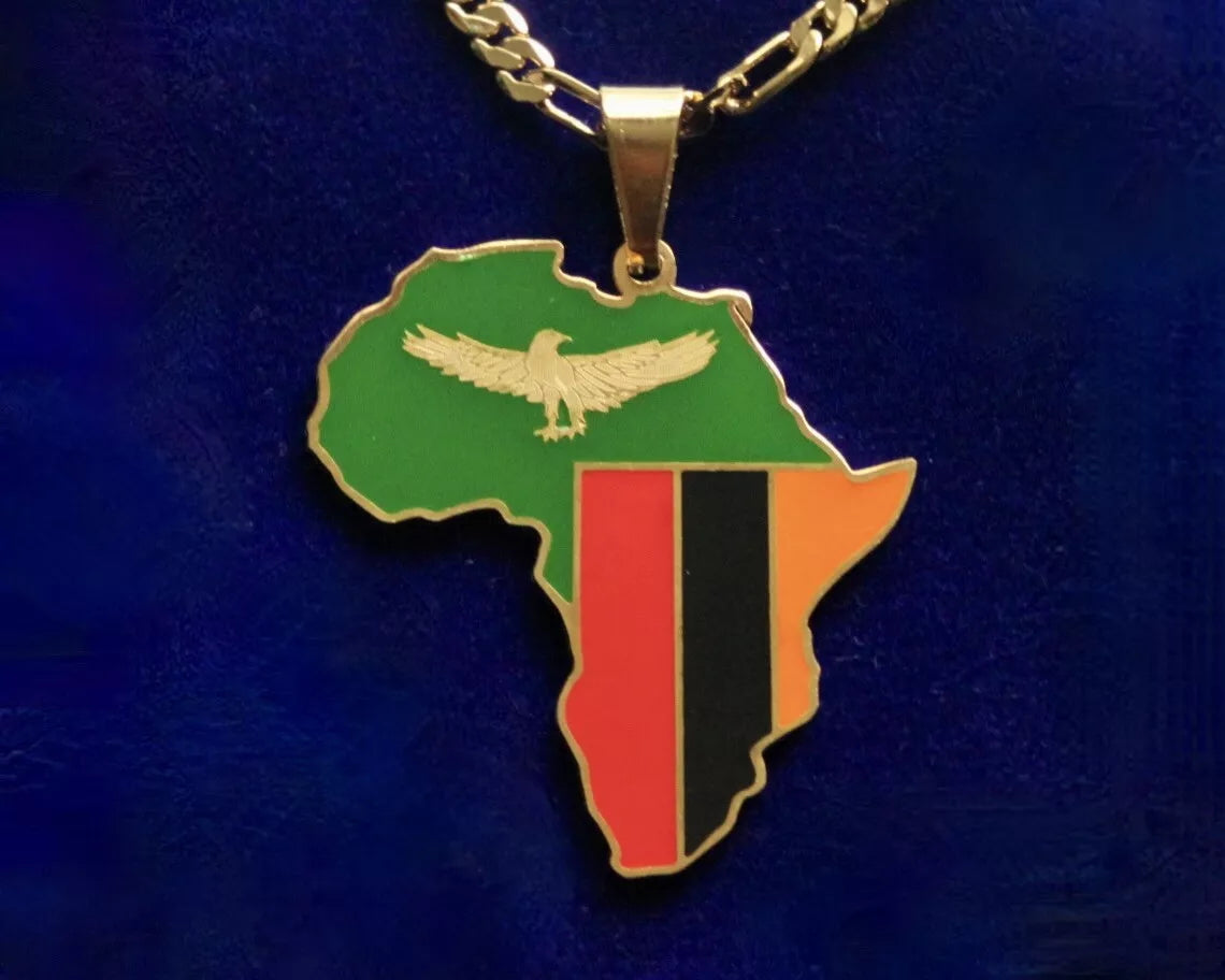 Zambia Flag Pendant Necklace with Gift Pouch, Africa Map Gold Stainless Steel