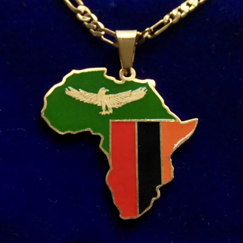 Zambia Flag Pendant Necklace with Gift Pouch, Africa Map Gold Stainless Steel