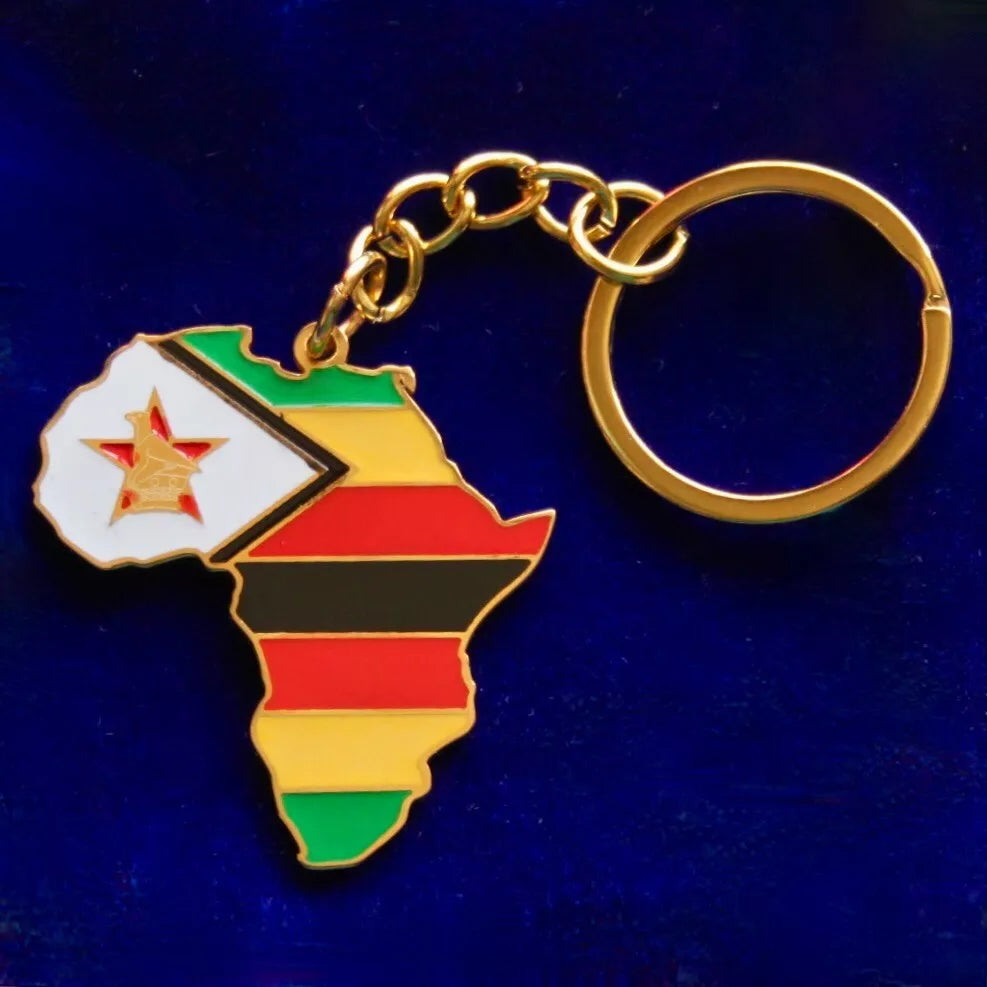Zimbabwe Flag Africa Keyring with Gift Pouch, Enamelled Metal Keychain