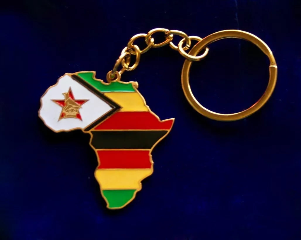 Zimbabwe Flag Africa Keyring with Gift Pouch, Enamelled Metal Keychain