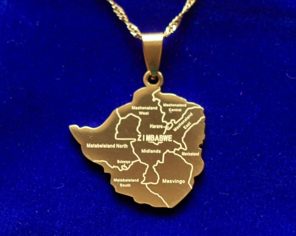 Zimbabwe Map Pendant Necklace with Gift Pouch, Gold Stainless Steel