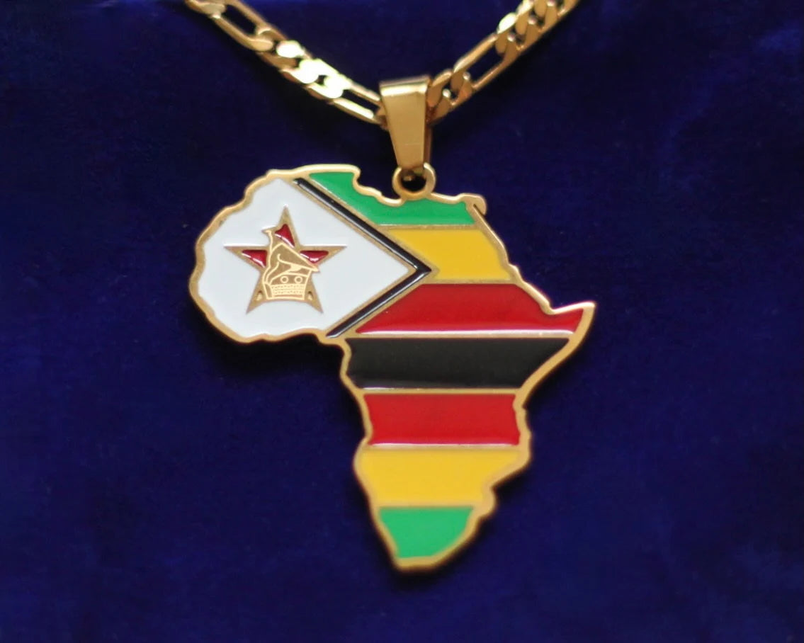 Zimbabwe Flag Pendant Necklace with Gift Pouch, Africa Map Gold Stainless Steel