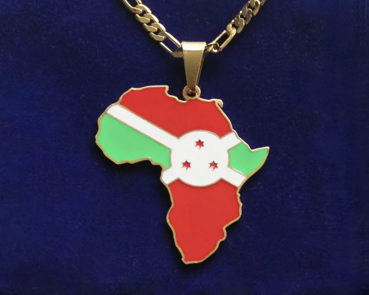 Burundi Flag Pendant Necklace with Gift Pouch, Africa Map Gold Stainless Steel