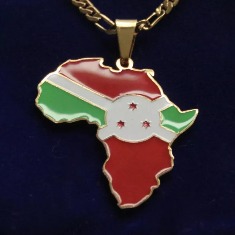 Burundi Flag Pendant Necklace with Gift Pouch, Africa Map Gold Stainless Steel